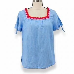 Talbots Blue Linen Crochet Top Small Square Neck Short Sleeve Coastal Blouse